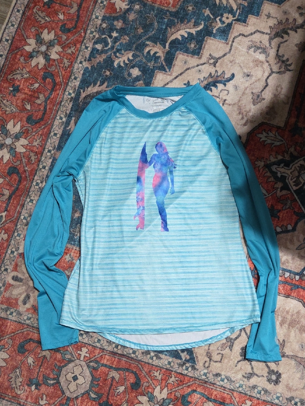Reel Legends Aqua & Teal Striped Long Sleeve Swim Coverup with Surf Silhouette